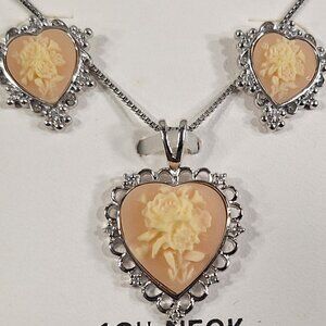Floral Cameo Style Heart Necklace and Earrings Set Sterling Silver Filigree NIB